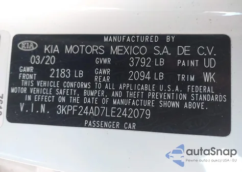 2020 Kia Forte Lxs из США, поврежденный, VIN 3KPF24AD7LE242079